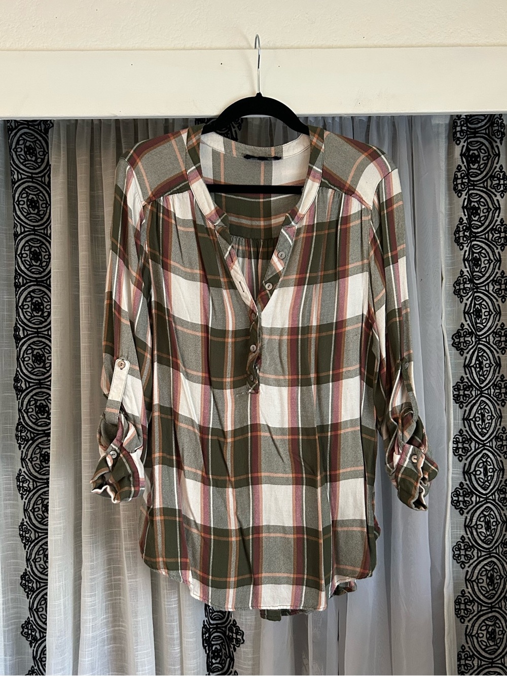 Plaid Button Henley Top Soft Material